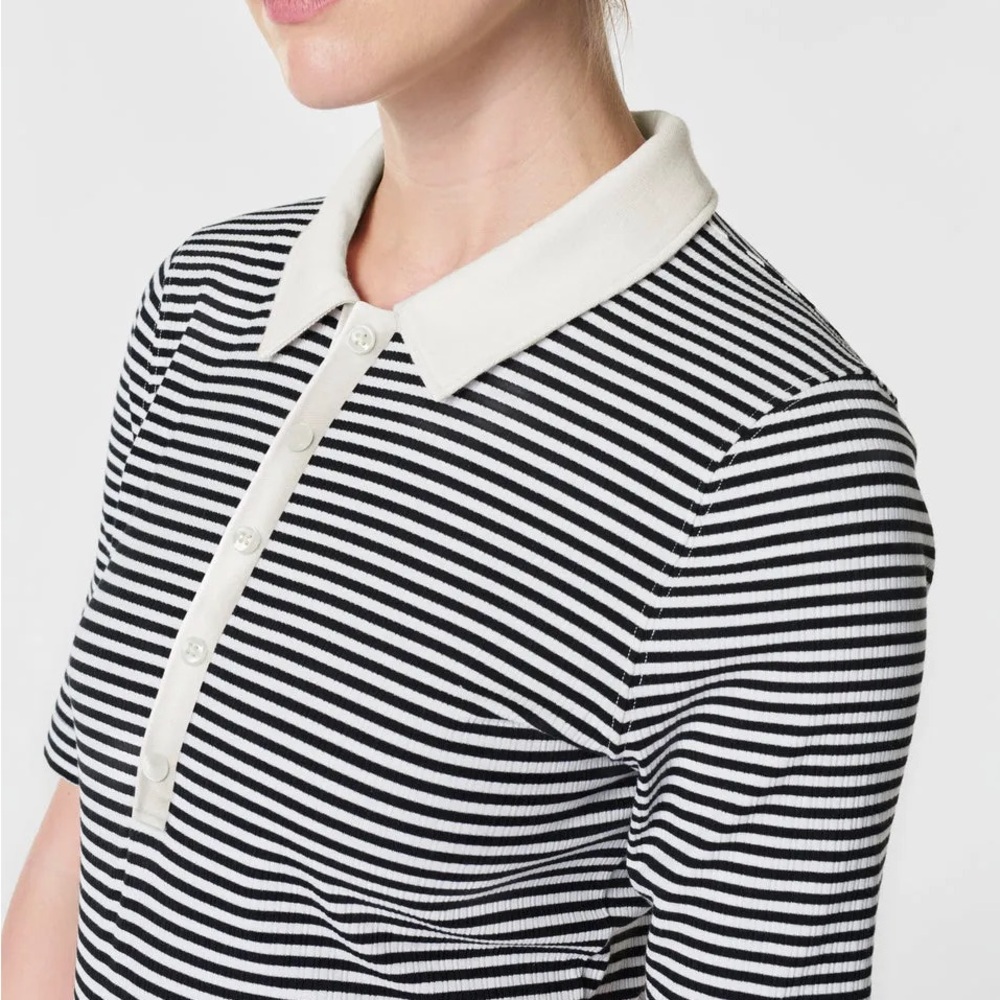 SPANX Black and White Stretch Rib Striped Polo Top